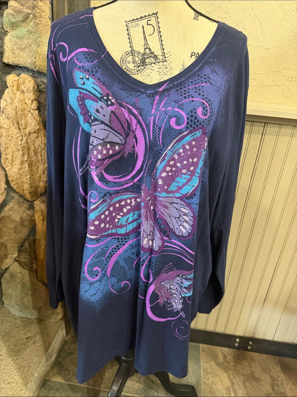 Just My Size Navy Tunic with Purple & Teal Butterfly Art